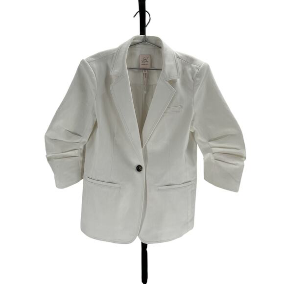 Cinq A Sept 'Khloe' White Cotton Ruched Sleeve White Denim Blazer Size 10 - Picture 2 of 4